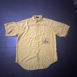 True Vintage Motto Reddot Shirt Mens L/XL Yellow Button Up Rayon Retro Stamped